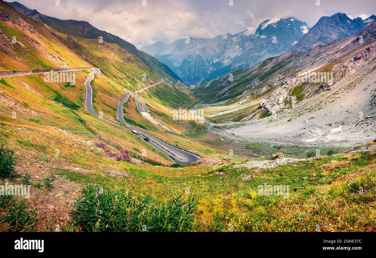 View from the top of famous Italian Stelvio High Alpine Road, elevation of 2,757 m above sea level. Stelvio Pass, South Tyrol, province of Sondrio, Or Stock Photo