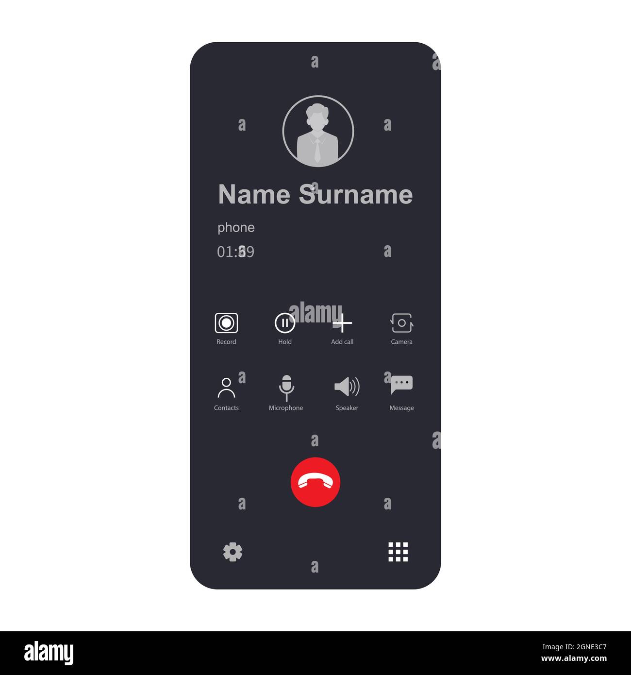 Template for the call screen with icons. Smartphone interface
