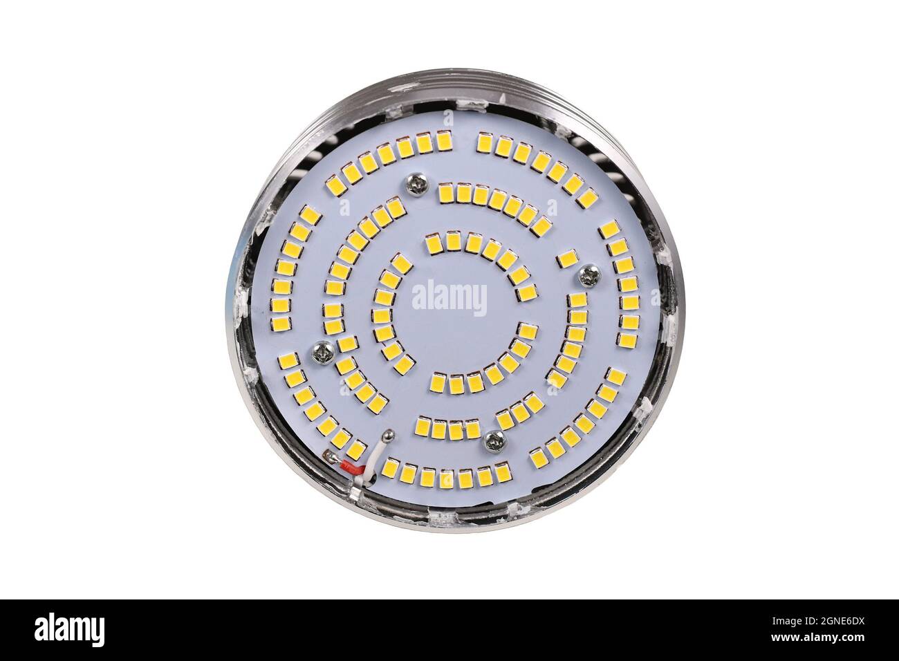 Inside of LED lamp with many small light emitting diodes with lid taken off on white background Stock Photo
