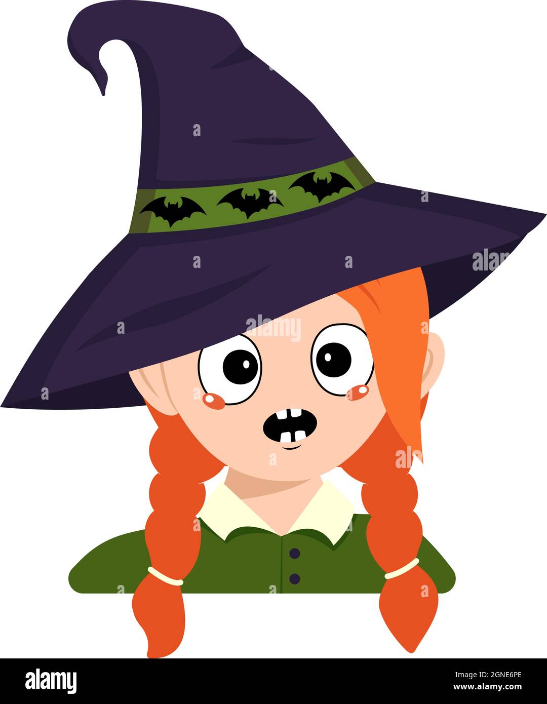 Girl with emotions panic, surprised face, shocked eyes in a pointed witch hat with bats. The head of child. Halloween party decoration Stock Vector
