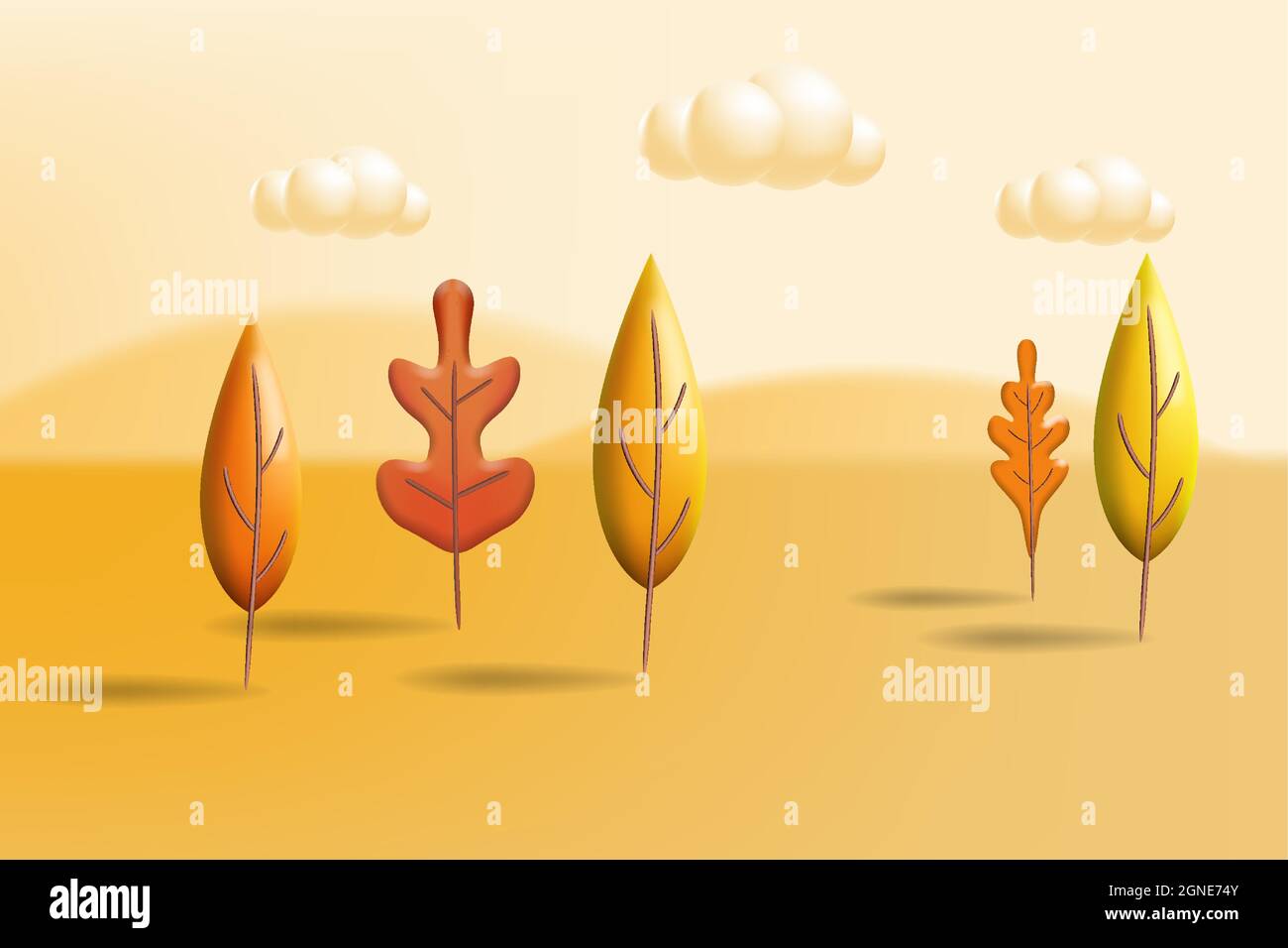 Autumn landscape trees leaves 3D yellow, red, brown, orange colors. Fall nature, clouds. Minimal 3d render plasticine, vector illustration banner Stock Vector