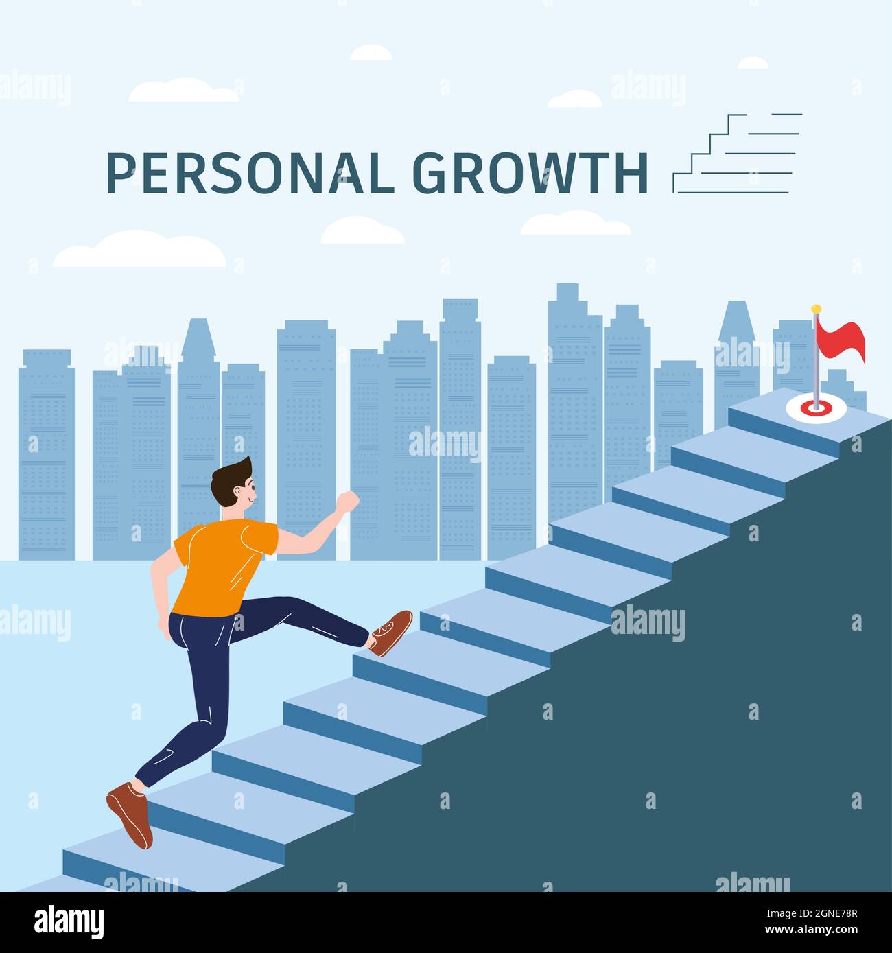 Personal growth Young man running up stairway concept. Self-improvement, self development success, achievement, motivation. Modern flat cartoon style Stock Vector