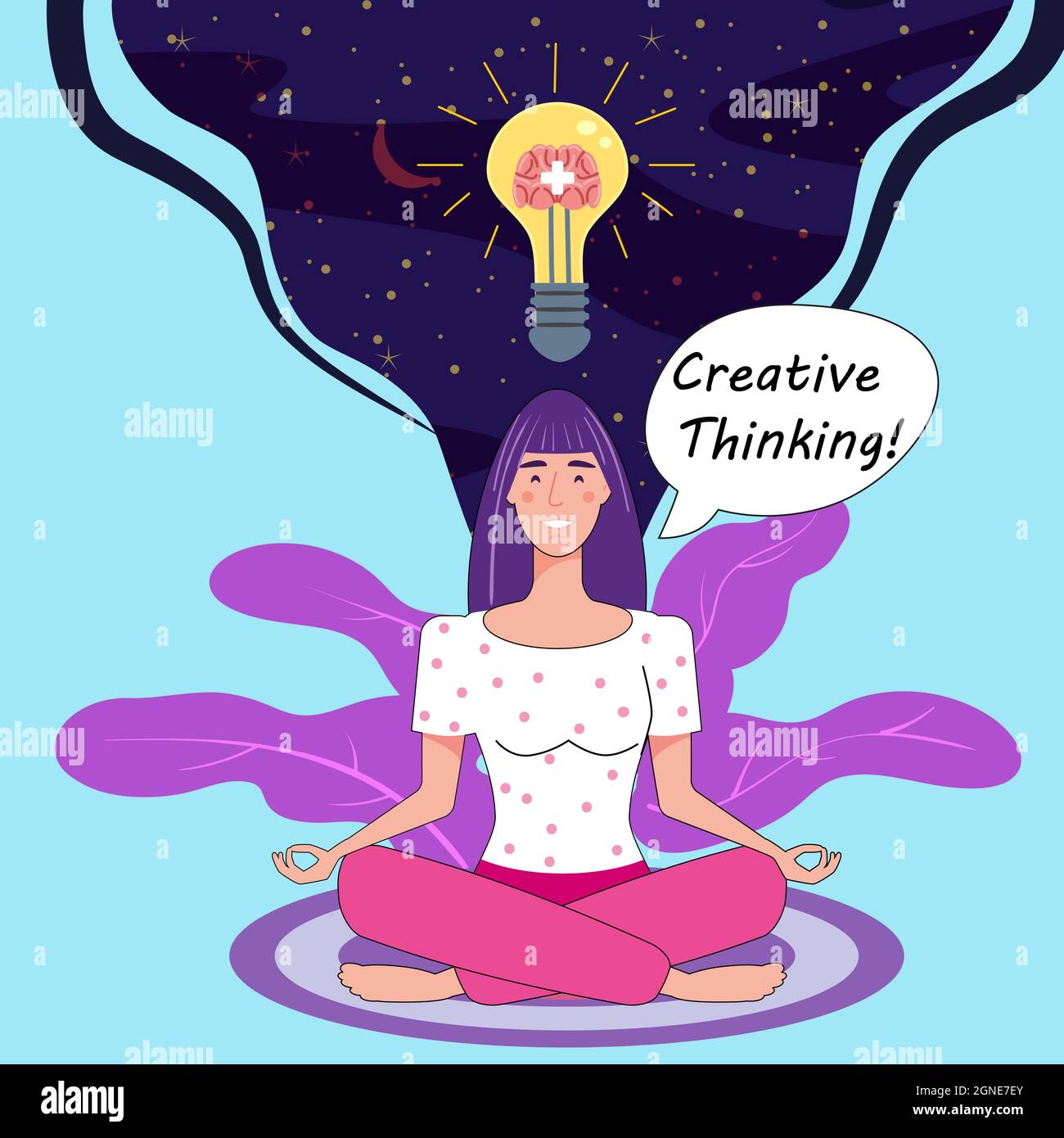Girl with bulb, idea. Creative Thinking Yoga girl. Solution to a