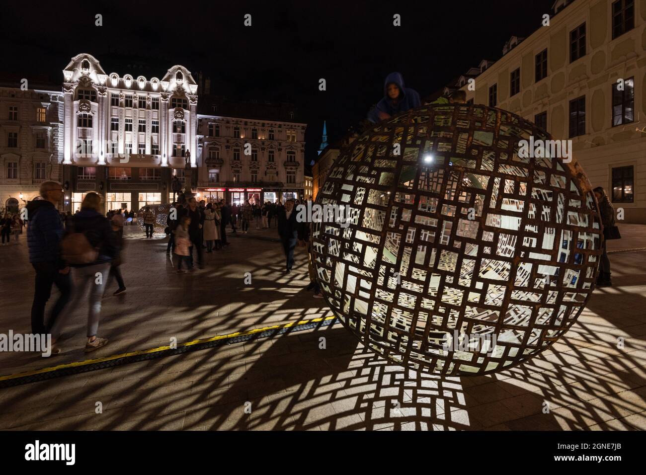 BRATISLAVA, SLOVAKIA - SEP 24, 2021: Illuminated rusty objects at the Main  Square of Bratislava during White Night - festival of contemporary art  Stock Photo - Alamy