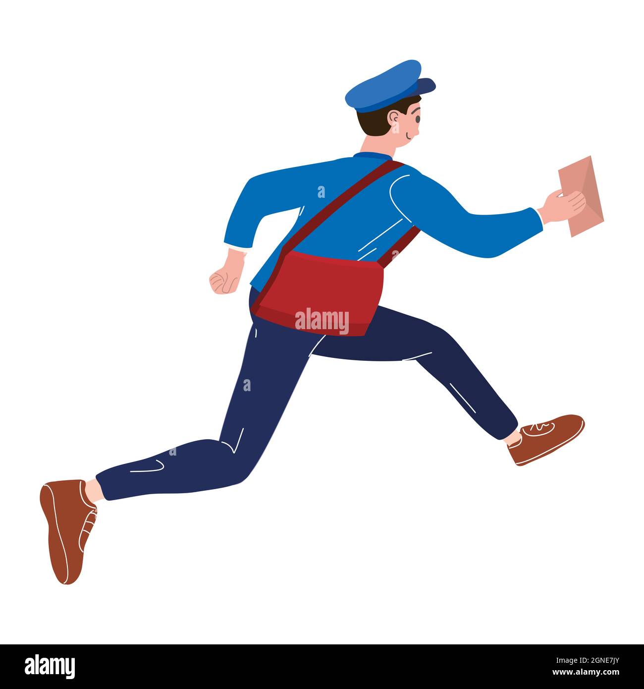 Postman running with bag delivering letter in envelope. Mailman in uniform carrying mail, delivery service. Vector illustration Stock Vector