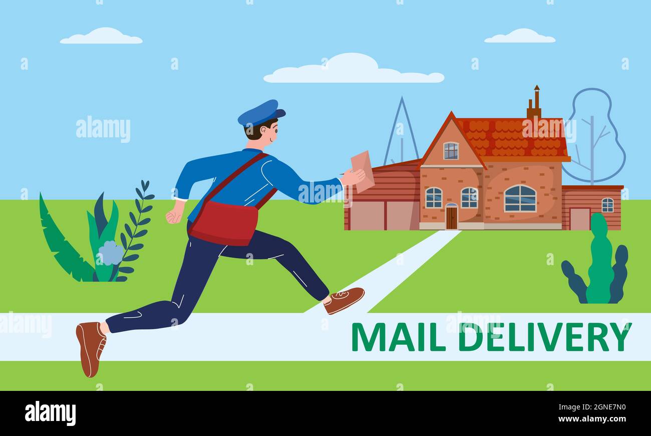 Postman running with bag delivering letter in envelope for house to