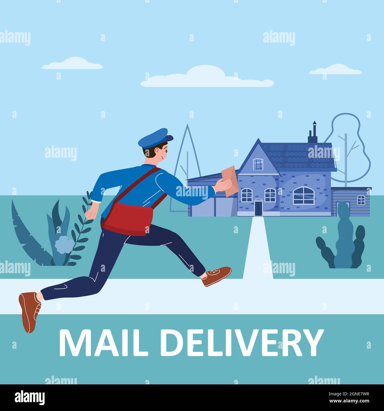 Postman running with bag delivering letter in envelope for house to address. Mailman in uniform carrying mail, delivery service. Vector illustration Stock Vector