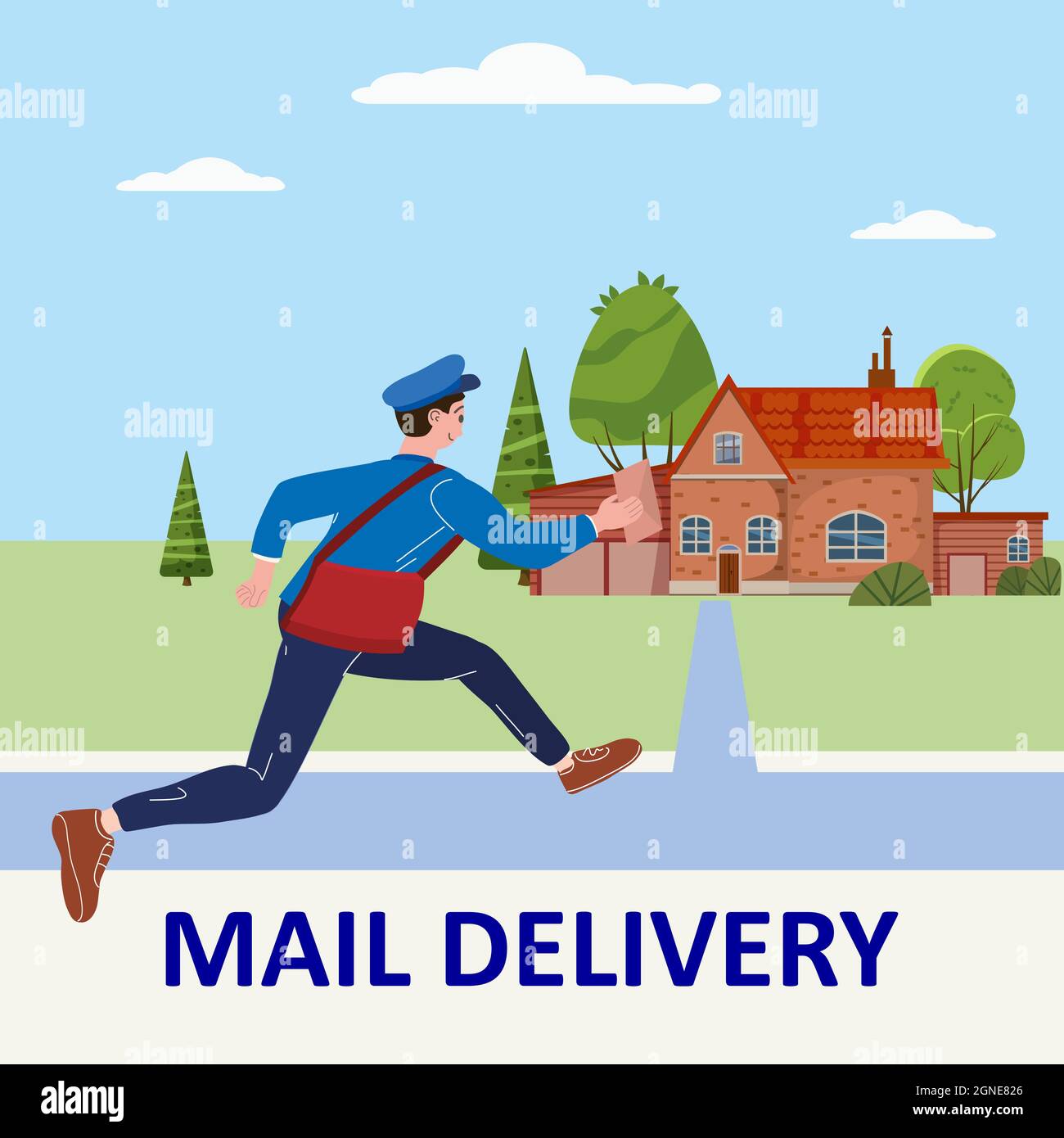 Postman running with bag delivering letter in envelope for house to address. Mailman in uniform carrying mail, delivery service. Vector illustration Stock Vector