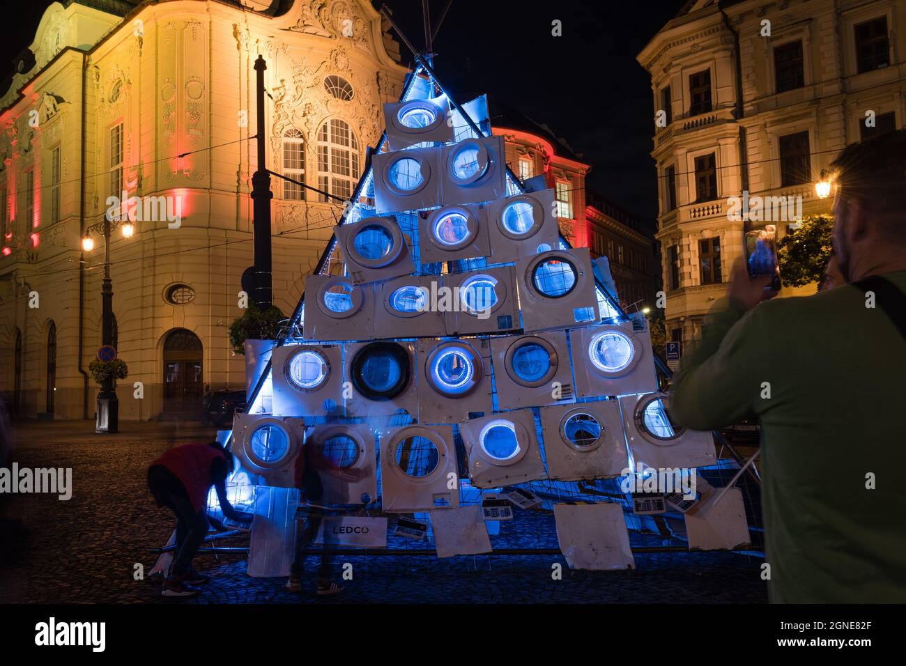 BRATISLAVA, SLOVAKIA - SEP 24, 2021: White Goods installation residing in front of the Slovak National Gallery during White Night - festival of contem Stock Photo