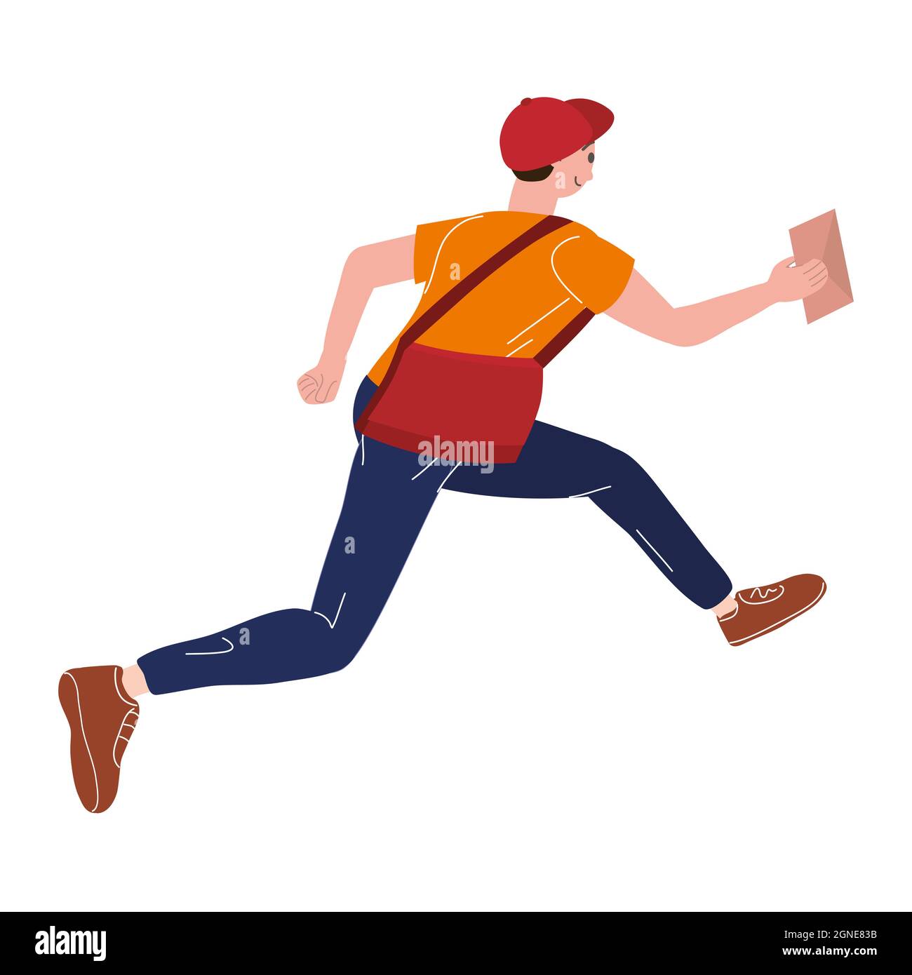 Postman running with bag delivering letter in envelope. Mailman in cap carrying mail, delivery service. Vector illustration Stock Vector