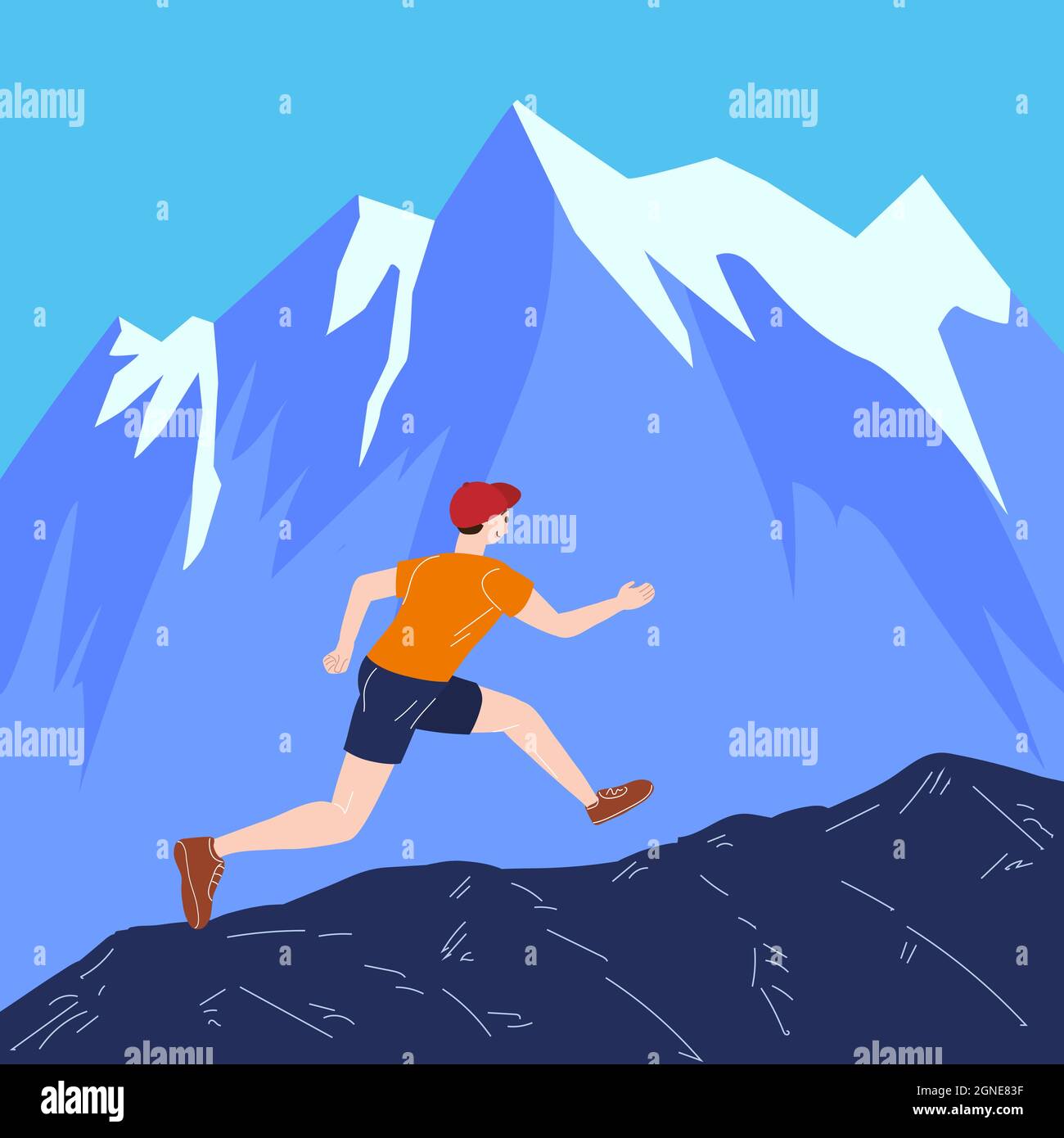 Mountain Trail Running Man in wild nature. Runner in landscape hills, running to win. Vector Stock Vector