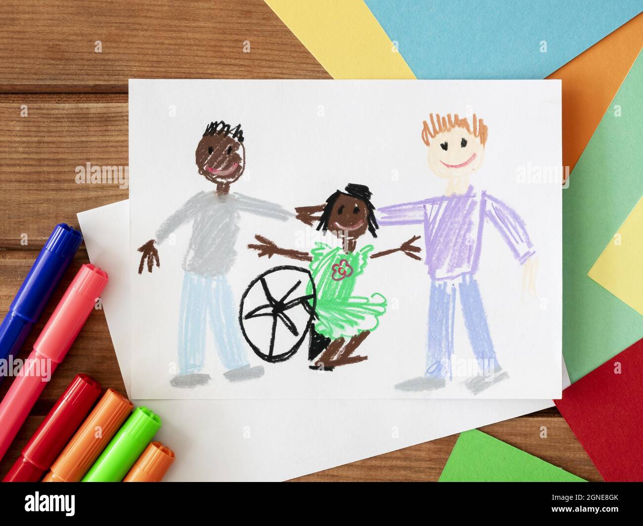 hand drawn disabled child friends. High quality and resolution beautiful photo concept Stock Photo