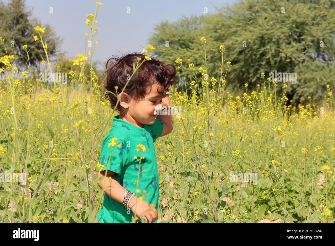 Close-up of An Indian little boy playing and running in a mustard field. A little farmer's child wearing a green shirt plays in the mustard crop Stock Photo