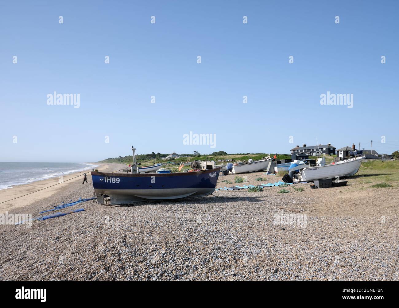 Fishing boats on the beach at Sizewell an land based English fishing hamlet in the East Suffolk, England. Stock Photo