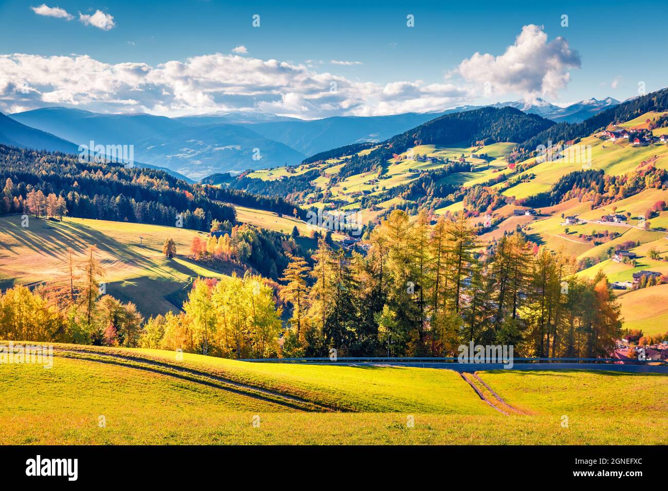 Nice autumn view of Santa Maddalena village. Colorful morning landscape of Dolomite Alps, Italy, Europe. Beauty of countryside concept background. Stock Photo