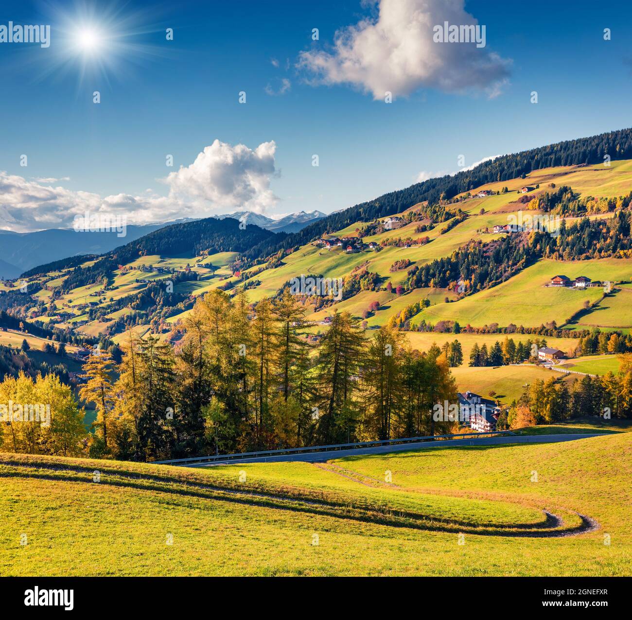 Great autumn view of Santa Maddalena village. Colorful morning landscape of Dolomite Alps, Italy, Europe. Beauty of countryside concept background. Stock Photo