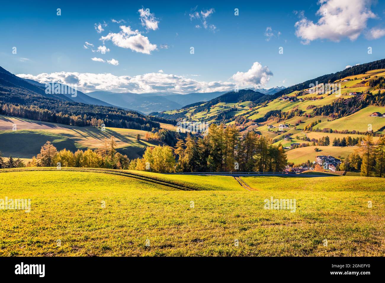 Beautiful autumn view of Santa Maddalena village. Colorful morning landscape of Dolomite Alps, Italy, Europe. Beauty of countryside concept background Stock Photo