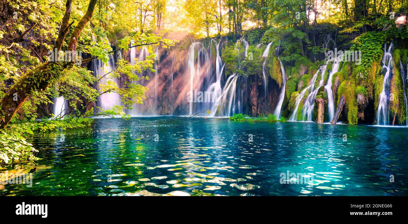 Last sunlight lights up the pure water waterfall on Plitvice National Park.  Colorful spring panorama of green forest with blue lake. Great countryside  Stock Photo - Alamy, image size:1300x714
