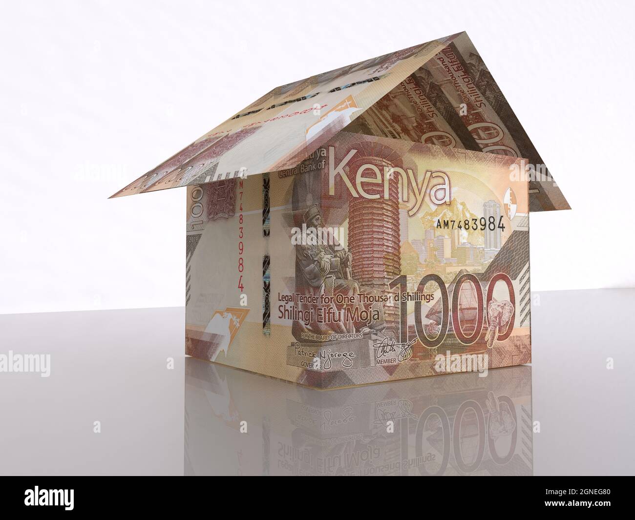 3d rendering of 1000 Kenyan shillings origami house on a plain