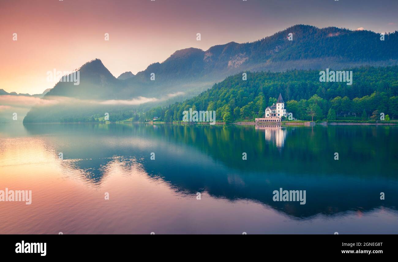 Impressive sunrise of Grundlsee lake. Beautiful summer view of Gessl village, Liezen District of Styria, Austria, Alps. Europe. Beauty of countryside Stock Photo