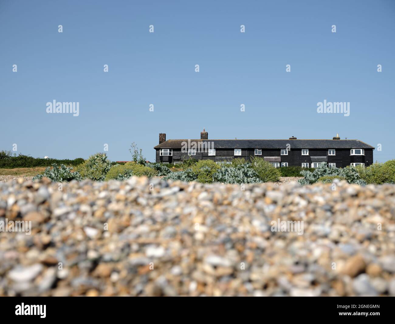 Black timber fisherman cottages on Sizewell is an English fishing