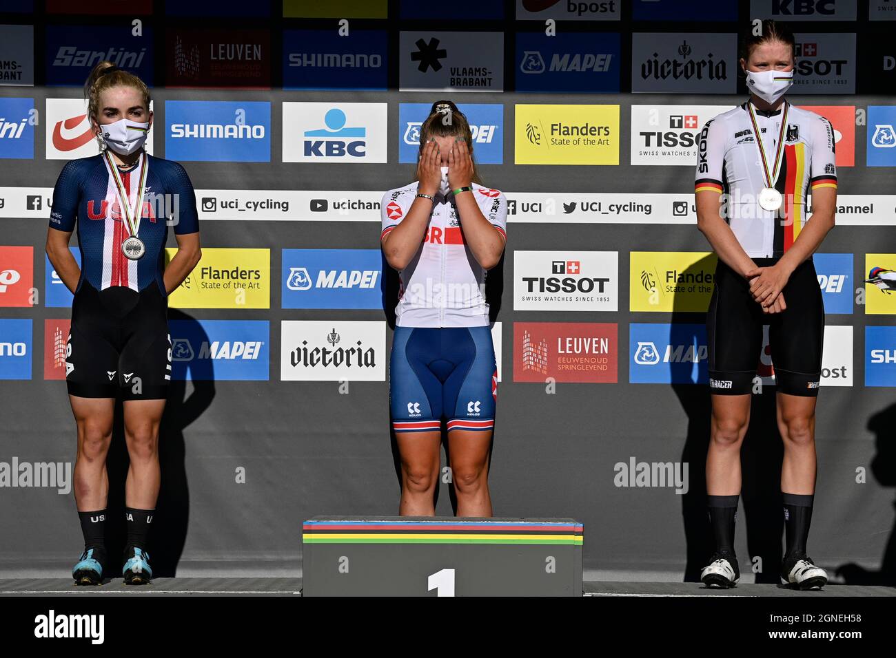 American Kaia Schmid, British Zoe Backstedt and German Linda Riedmann pictured on the podium after the women junior road race on the seventh day of th Stock Photo