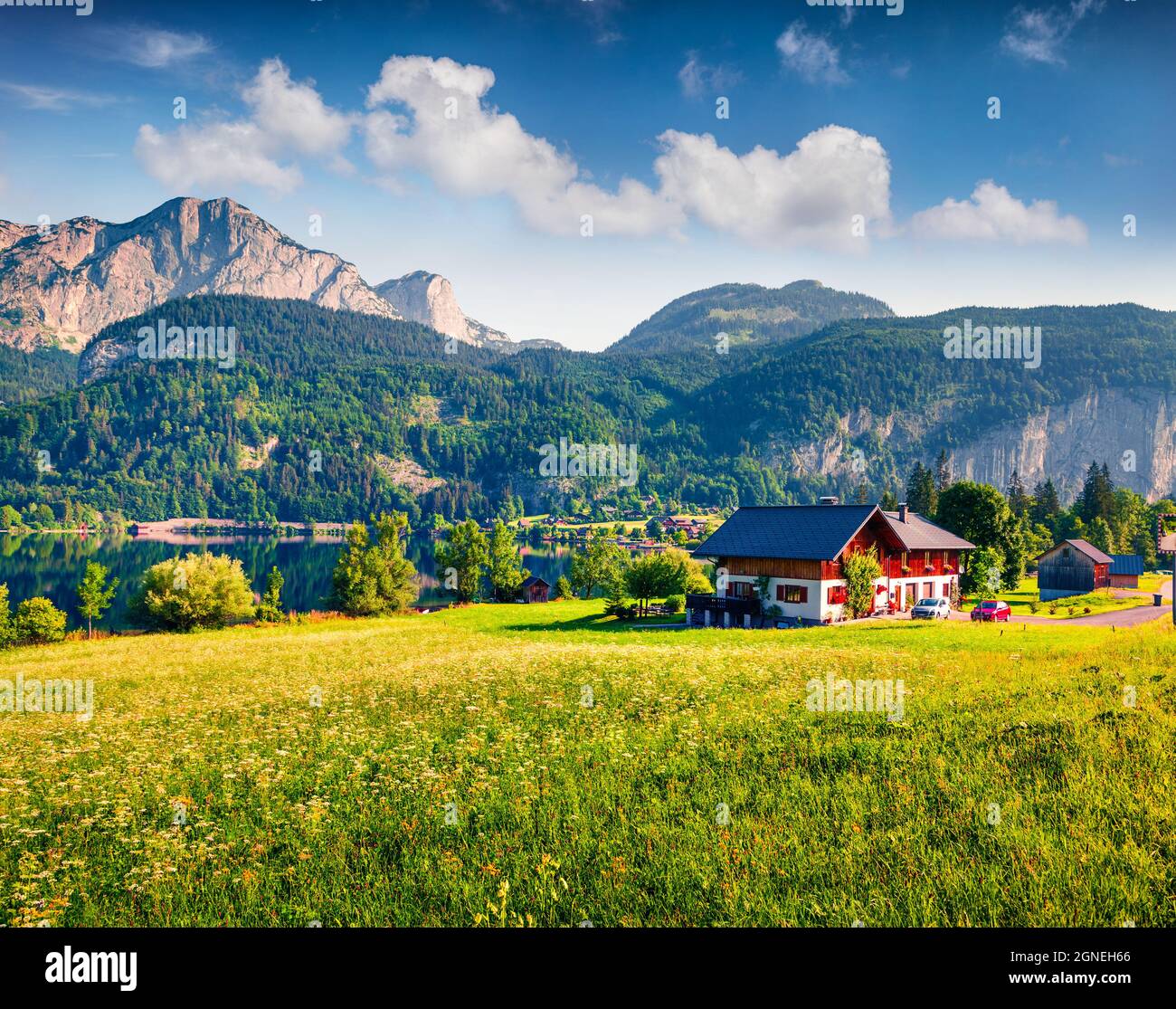 Sunny sunny morning on the Grundlsee lake. Colorful outdoor scene in the Austrian Alps, Liezen District of Styria, Austria, Alps. Europe. Beauty of na Stock Photo