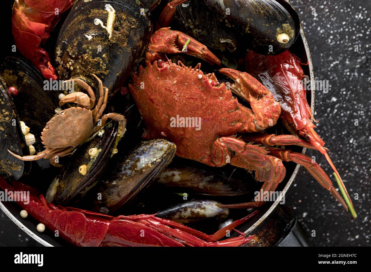 high angle of pan with crab and mussels. High quality and resolution beautiful photo concept Stock Photo