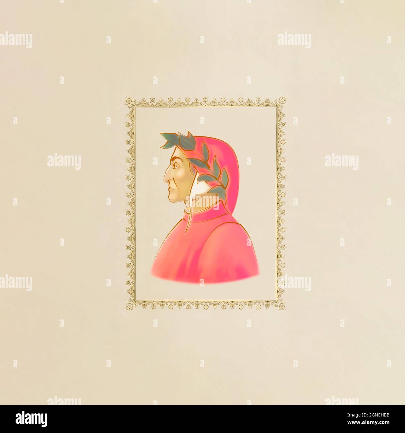 Dante Alighieri profile illustration portrait frame on cream plastered wall background Stock Photo