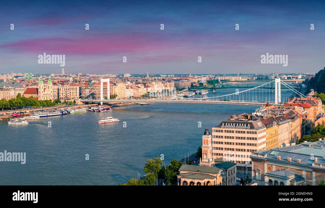 Colorful summer cityscape of Pest city with Elisabeth Bridge on the Danube river. Great morning view of Budapest, Hungary, Europe. Traveling concept b Stock Photo