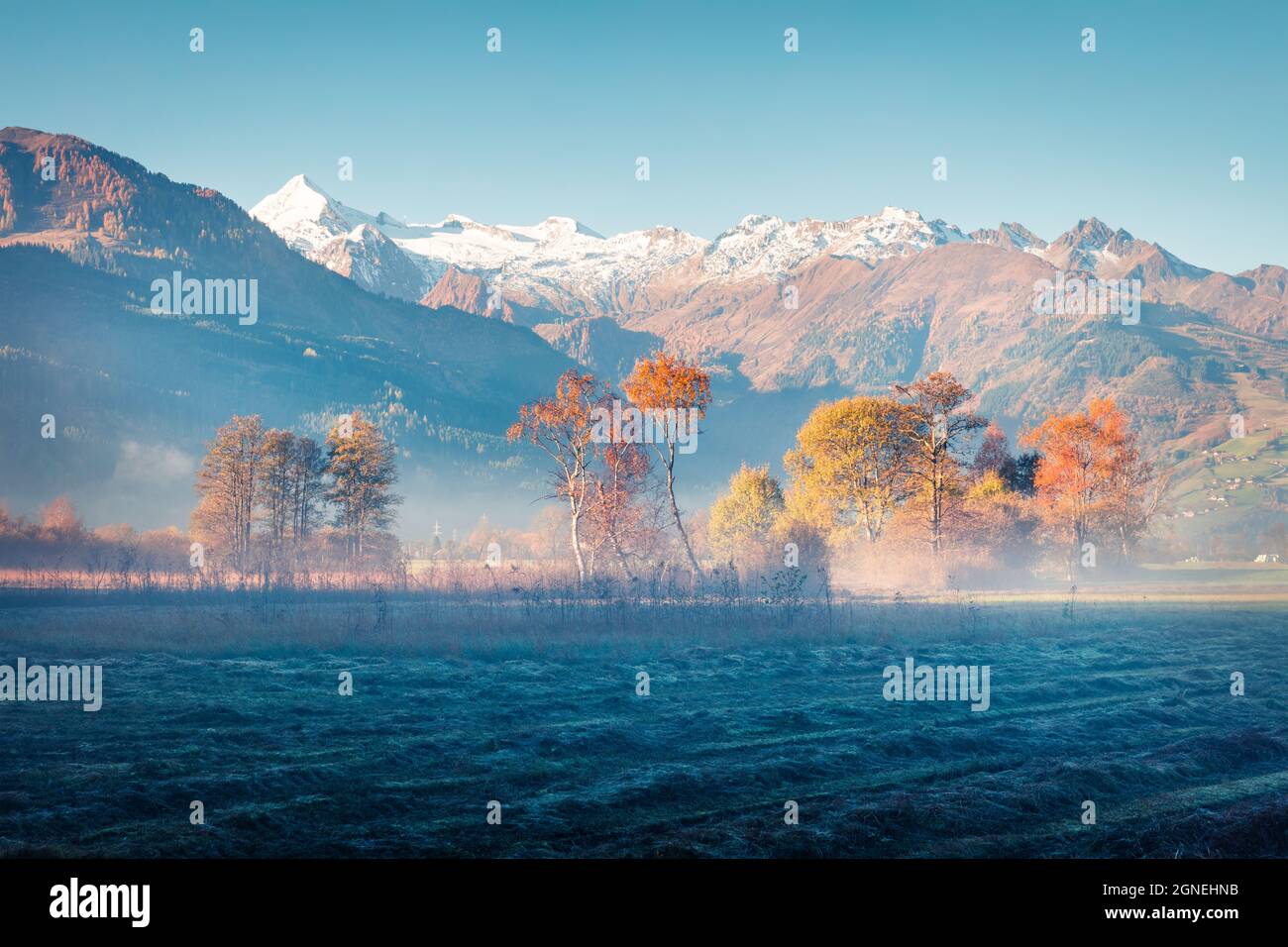 Misty Morning Scene Near Zell Lake Picturesque Autumn View Of Austrian misty-morning-scene-near-zell-lake-picturesque-autumn-view-of-austrian