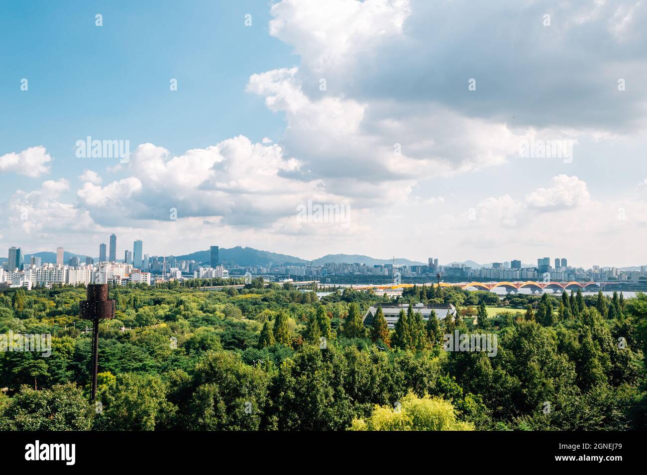 Panoramic view of Seoul city and green forest from Sky park in Korea Stock Photo