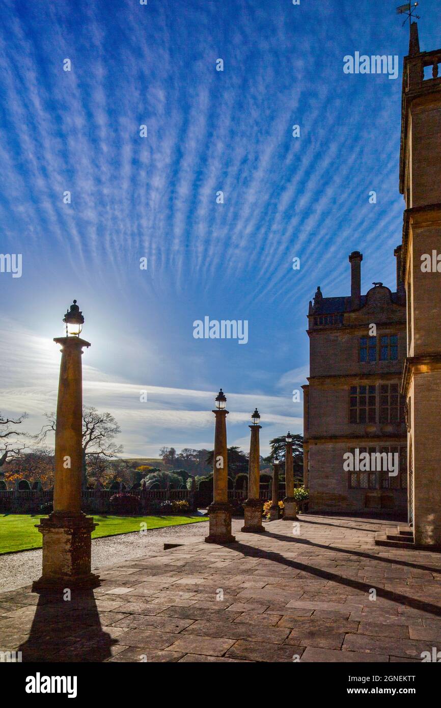 Doric columns outside the east front of Montacute House, an Elizabethan mansion with garden near Yeovil, Somerset, England, UK Stock Photo