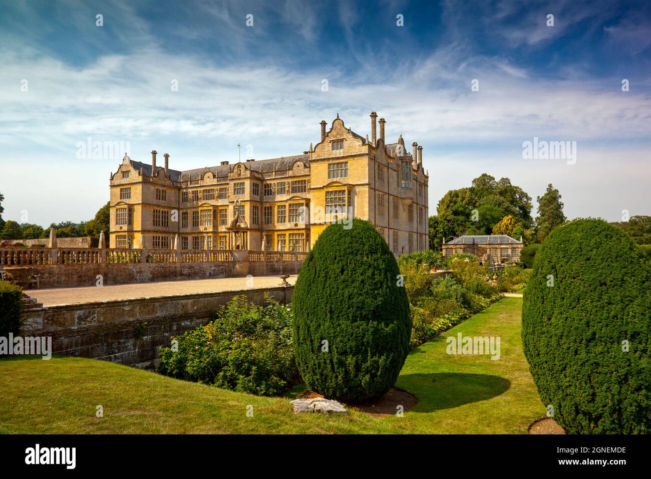 The east front of Montacute House, an Elizabethan mansion with garden near Yeovil, Somerset, England, UK Stock Photo