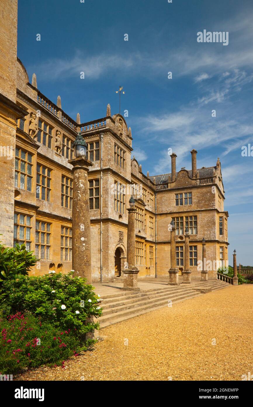The east front of Montacute House, an Elizabethan mansion with garden near Yeovil, Somerset, England, UK Stock Photo