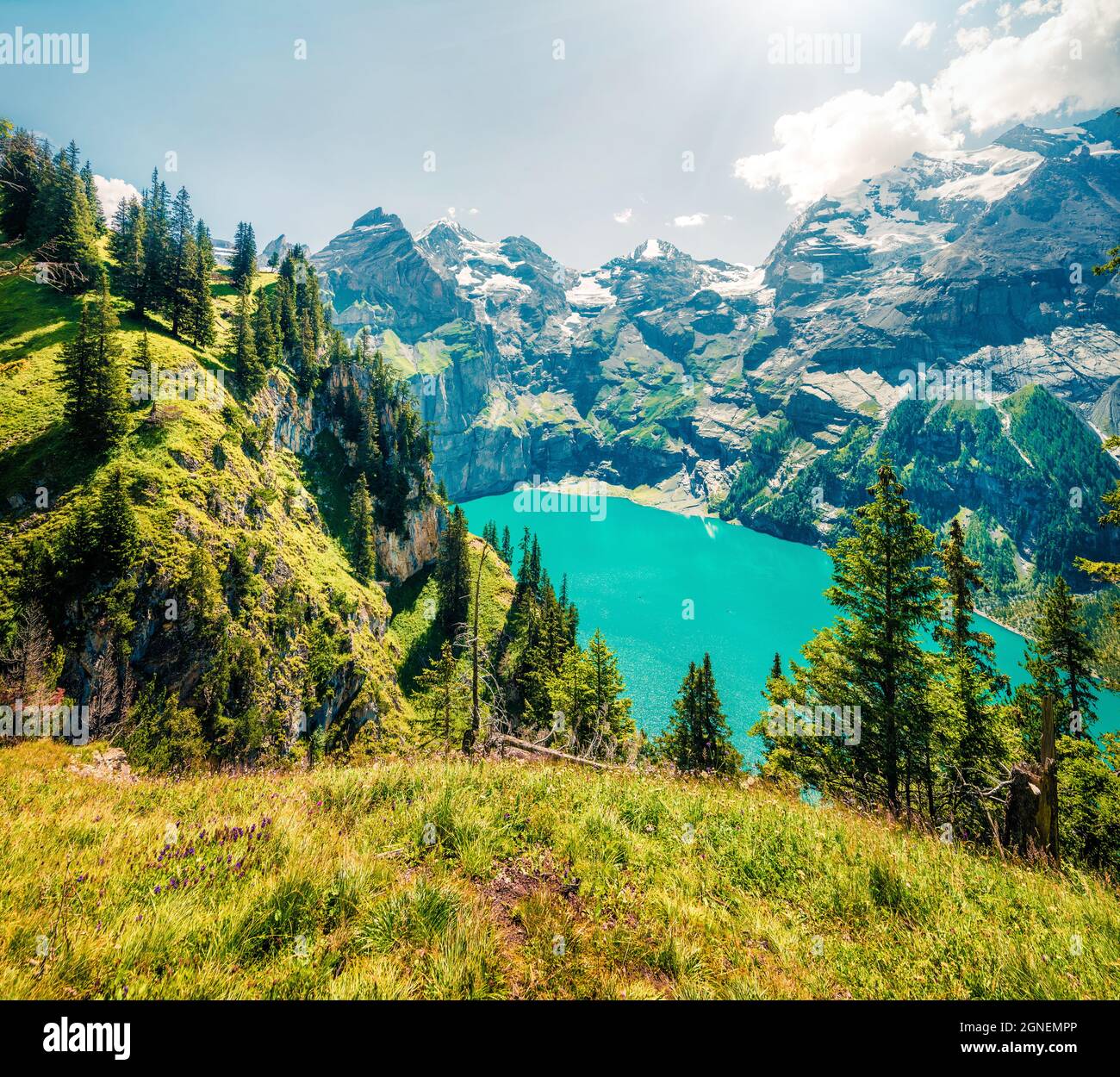 Colorful summer view of unique Oeschinensee Lake. Splendid outdoor ...