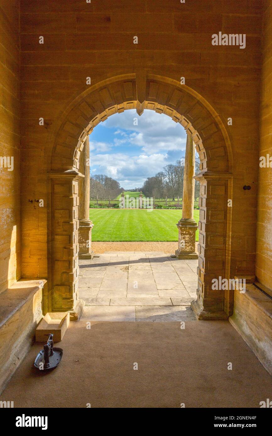 The main entrance to the house and the east lawn at Montacute House, an Elizabethan mansion nr Yeovil, Somerset, England, UK Stock Photo