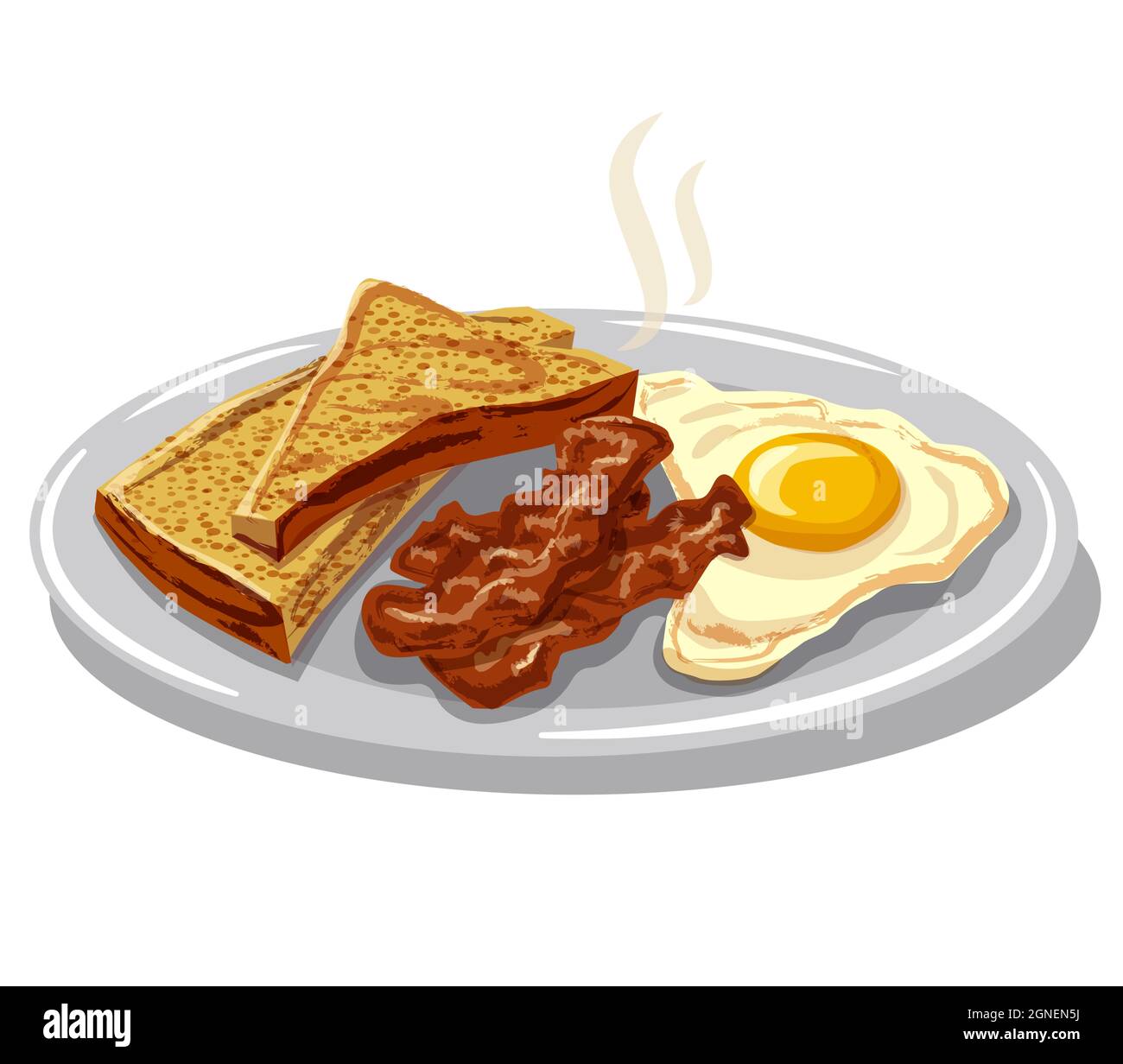 Illustration of the hot roasted bacon, egg and toasts on the plate Stock Vector