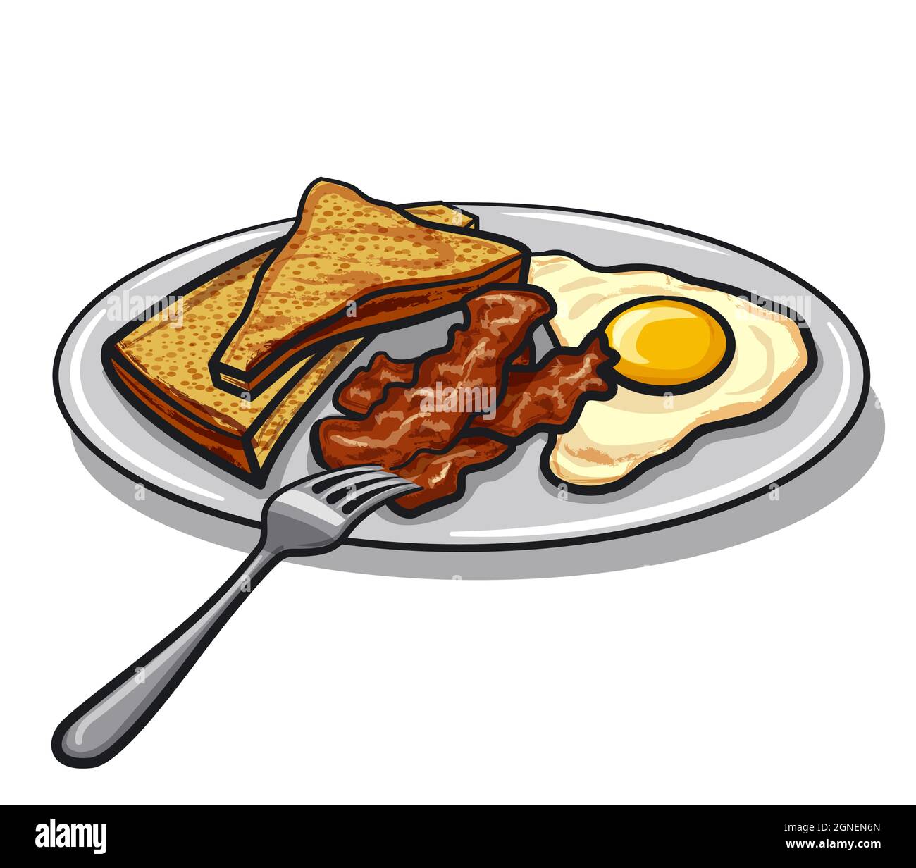 Illustration of the roast bacon, egg and toasts on the plate Stock Vector