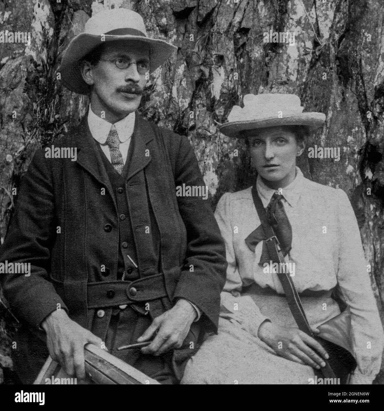Antique photograph, taken in the early 1900s in England, UK.  Two professional artists, May Chatteris Winder, née Fisher (1874 - 1910), and her husband, landscape painter William Smallwood Winder (1869 - 1910), both founder members of the Lake Artists Society in the English Lake District in 1904.  Unusually for the time, May was a professional working woman who continued with her career after marriage.  Black and white version of sepia original. Stock Photo
