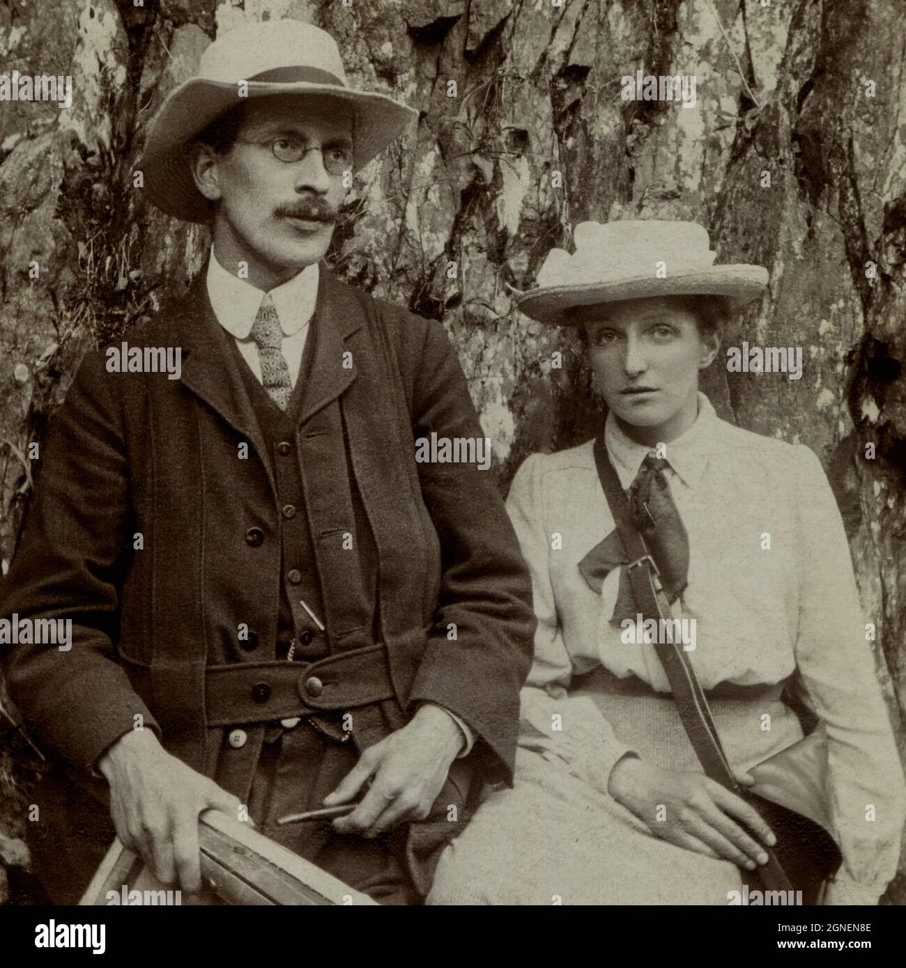 Antique photograph, taken in the early 1900s in England, UK.  Two professional artists, May Chatteris Winder, née Fisher (1874 - 1910), and her husband, landscape painter William Smallwood Winder (1869 - 1910), both founder members of the Lake Artists Society in the English Lake District in 1904.  Unusually for the time, May was a professional working woman who continued with her career after marriage. Stock Photo