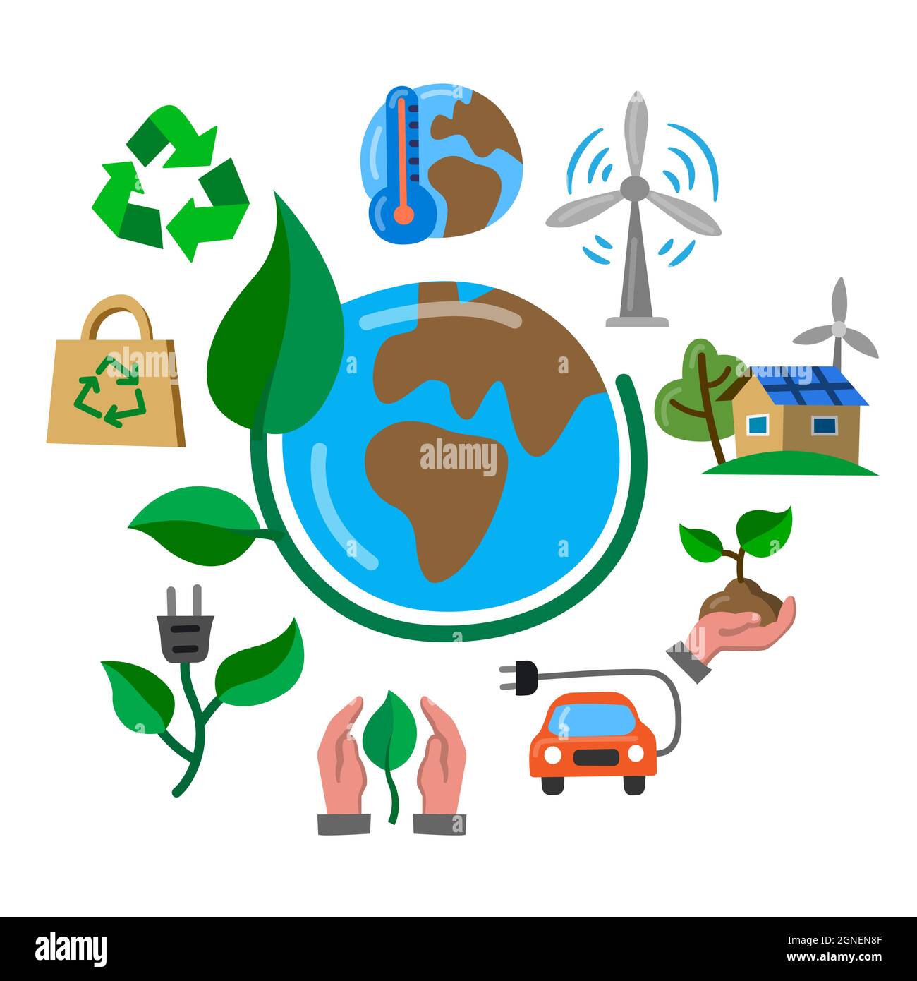 Concept Eco flat color Icon. Contains such Icons as Electric Car, Global Warming, Forest, Organic Farming and more. Stock Vector