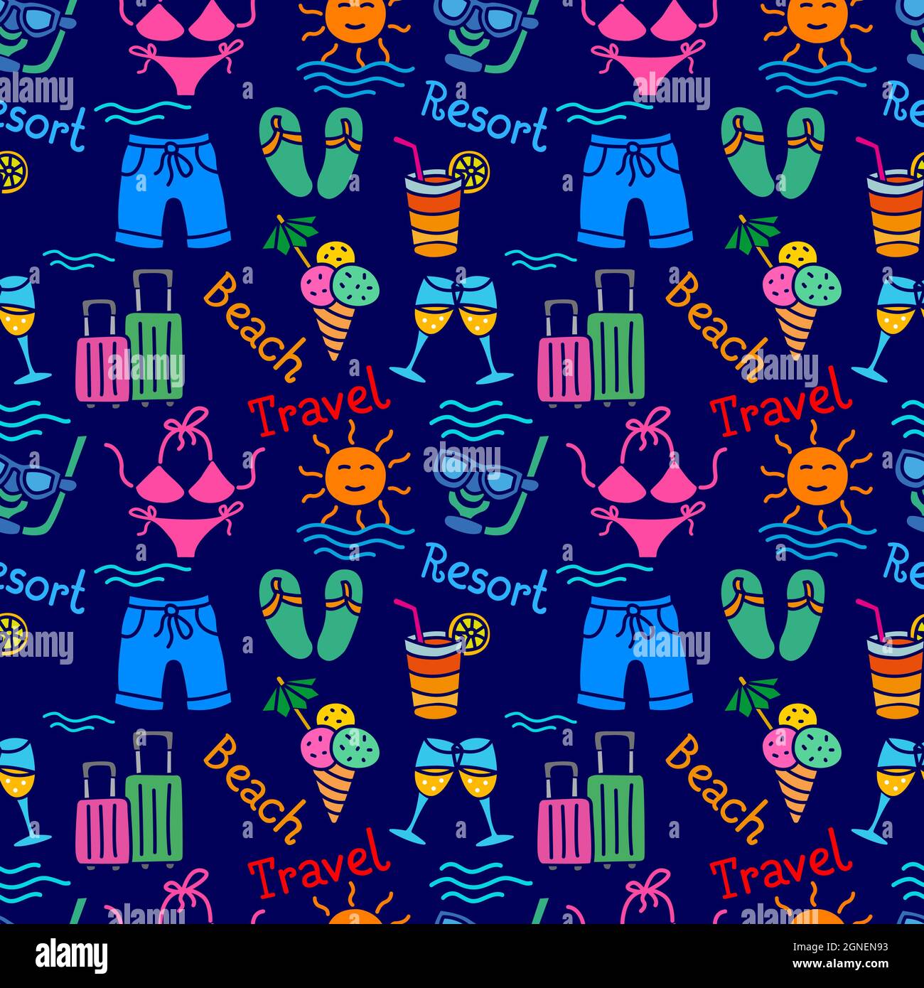 travel vacation and beach resort colorful seamless pattern Stock Vector