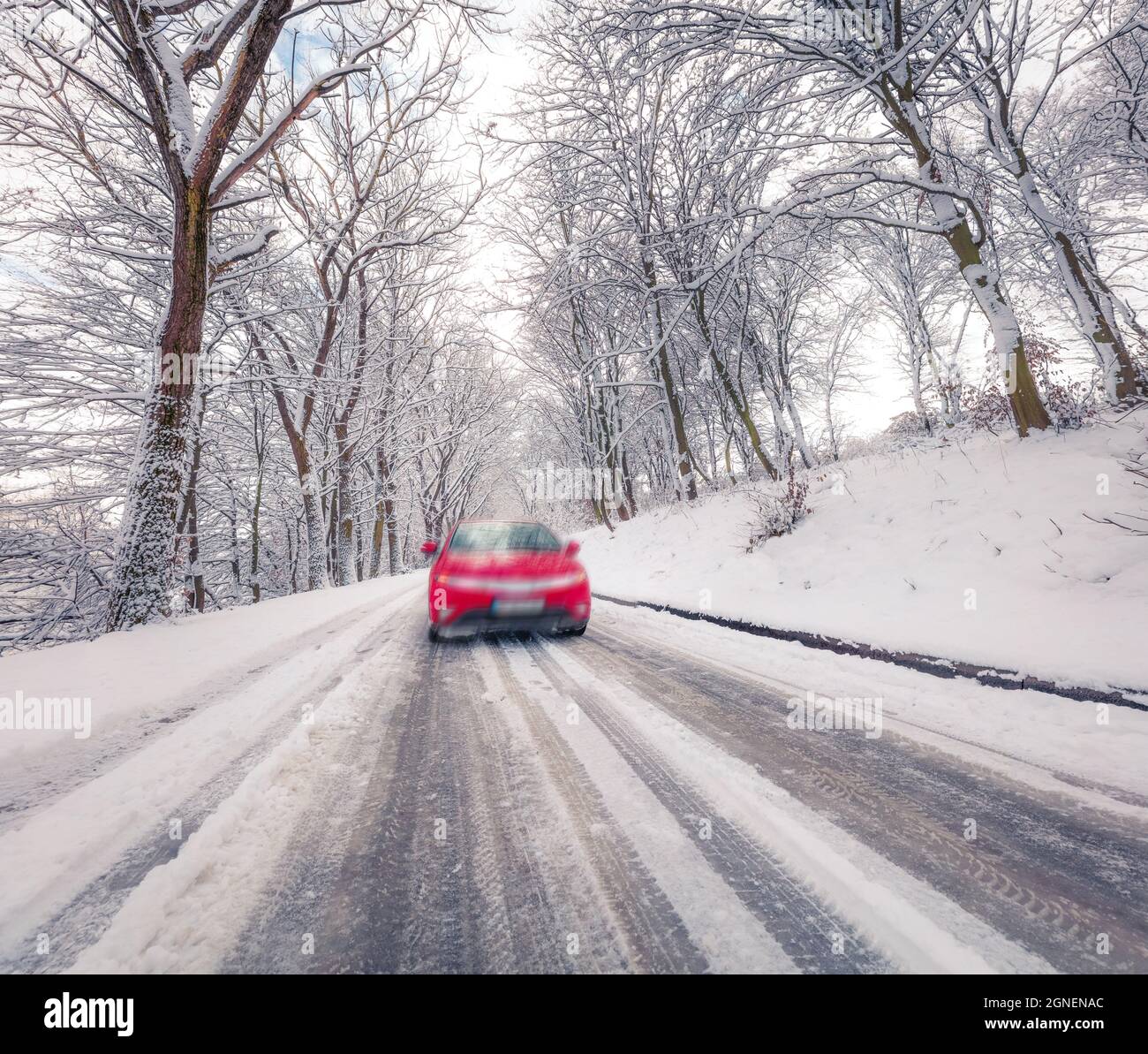 Driving a car on the road in winter forest with snow covered trees ...