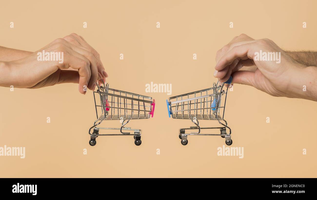 hands holding small shopping carts. High quality and resolution beautiful  photo concept Stock Photo - Alamy