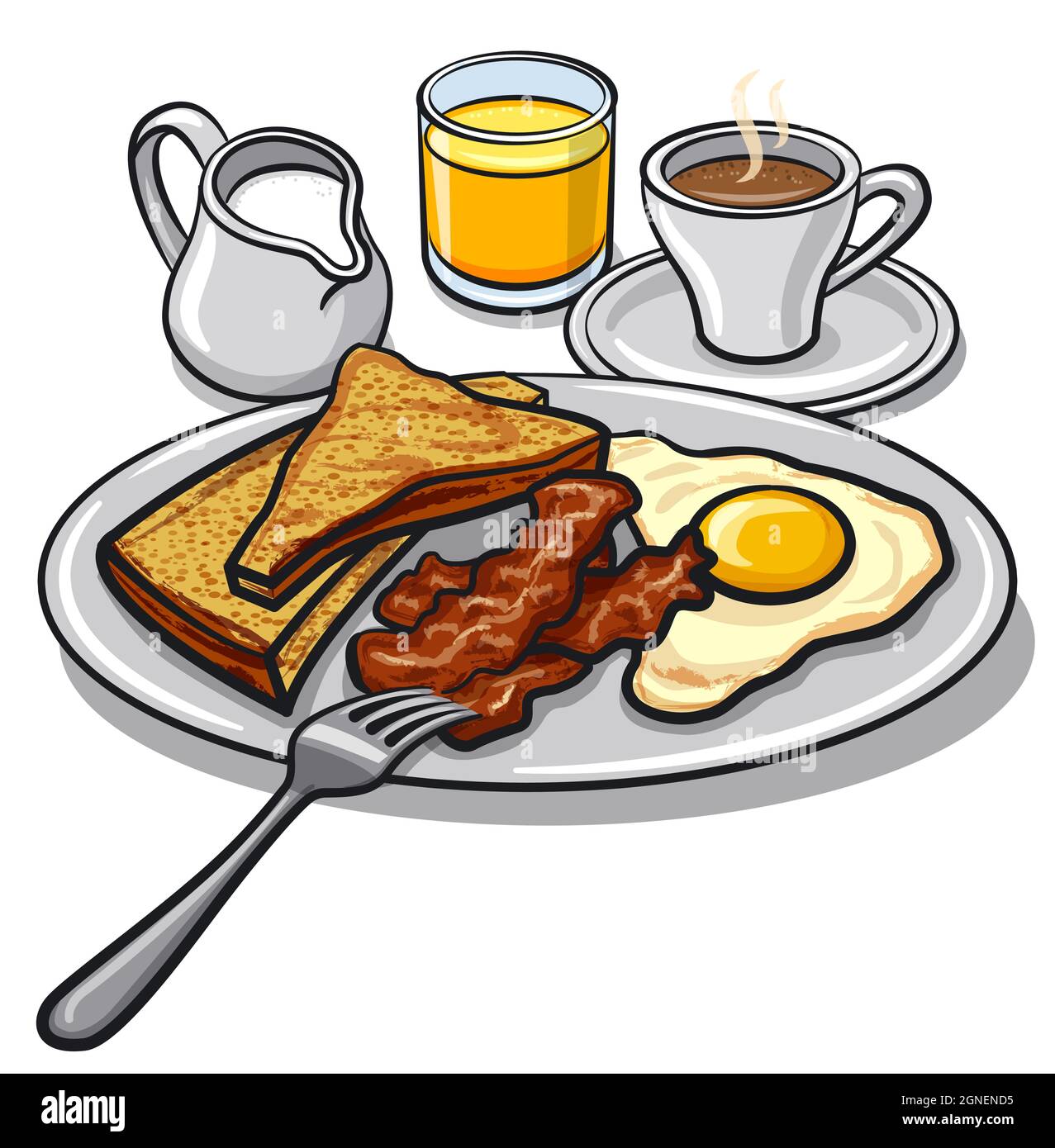 Illustration of the roasted bacon, egg, toasts on the plate and drinks. Stock Vector