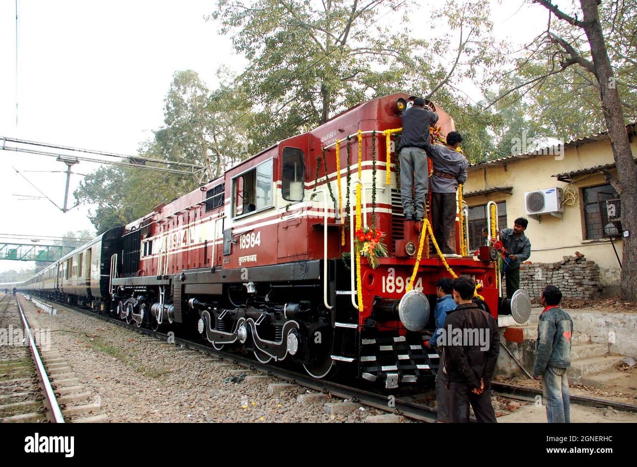 Florists decorates a luxury train engine on its inaugural day at