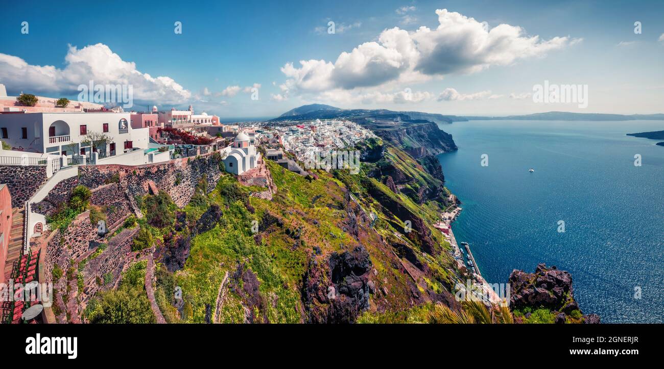 Spring Greek Backgrounds Stunning morning view of Santorini island. Bright spring scene of the ...