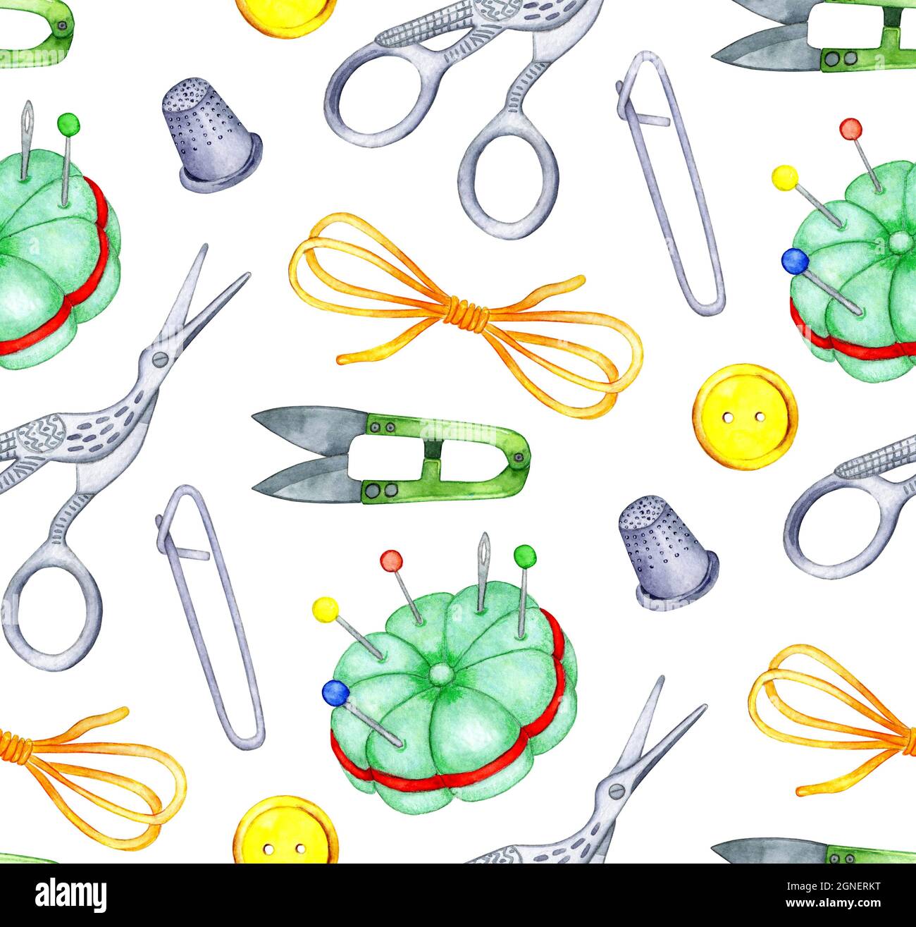 Watercolor pattern knitting tools seamless, repeating pattern. Wooden  knitting needles, crochet hook, skeins of woolen yarn, button, pin,  scissors. De Stock Photo - Alamy