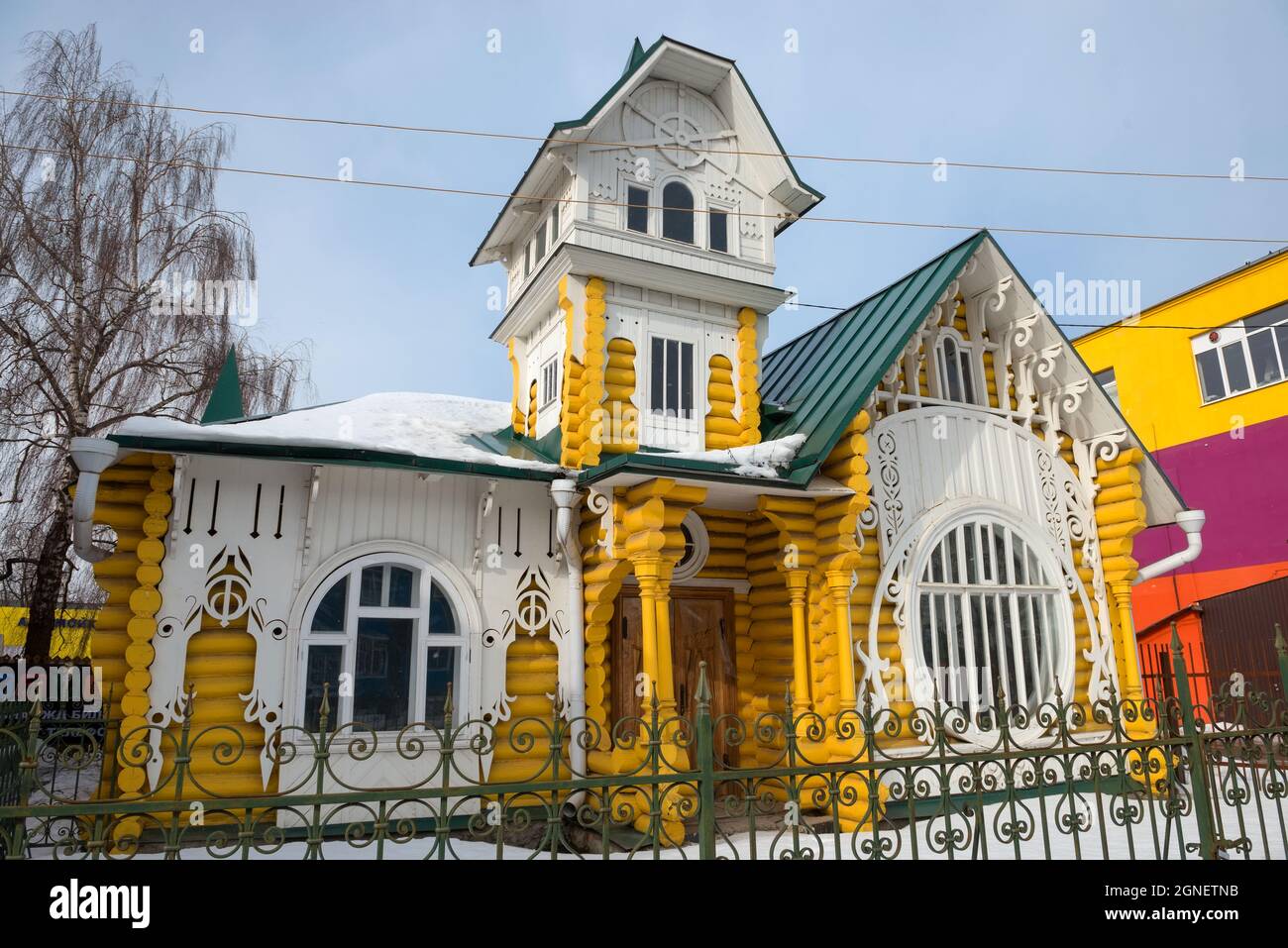 Facade of wooden Luzhin's house ("Teremok") with ornamental carved